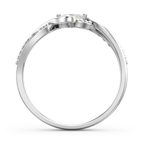 Solitaire Princess Cut Ring with Twisted Split Shank and Accents – Sterling Silver with Opal and Cubic Zirconia
