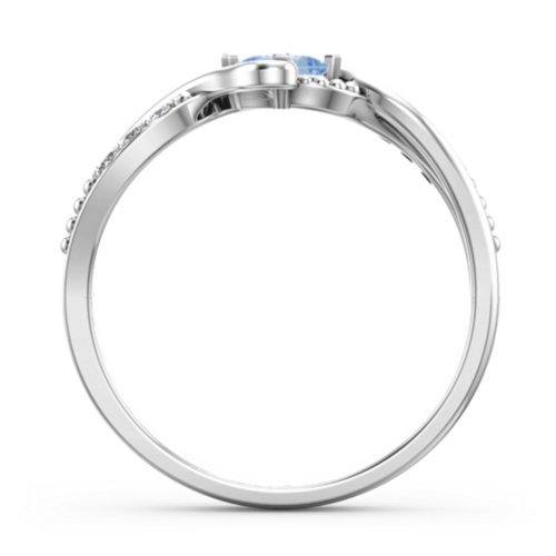 Solitaire Princess Cut Ring with Twisted Split Shank and Accents – Sterling Silver with Blue Topaz and Cubic Zirconia