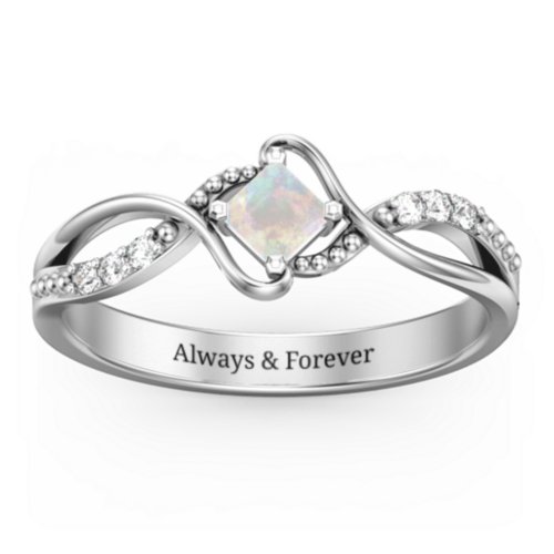 Solitaire Princess Cut Ring with Twisted Split Shank and Accents – Sterling Silver with Opal and Cubic Zirconia