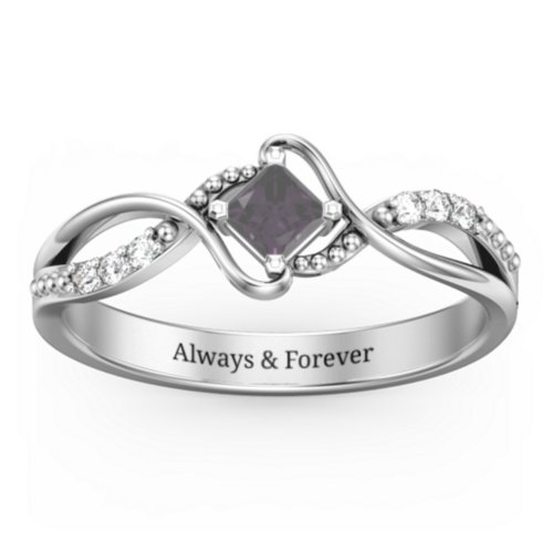 Solitaire Princess Cut Ring with Twisted Split Shank and Accents – Sterling Silver with Alexandrite and Cubic Zirconia