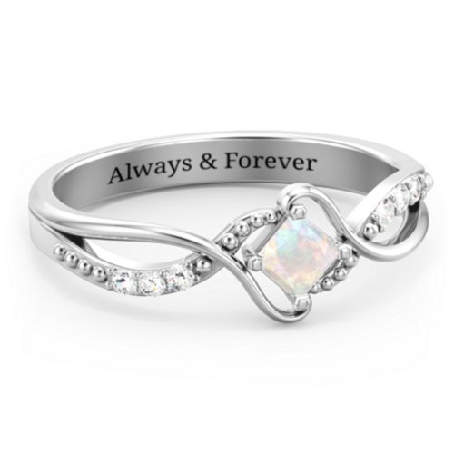 Solitaire Princess Cut Ring with Twisted Split Shank and Accents – Sterling Silver with Opal and Cubic Zirconia