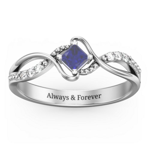 Solitaire Princess Cut Ring with Twisted Split Shank and Accents – 9kt White Gold with Blue Sapphire and Cubic Zirconia