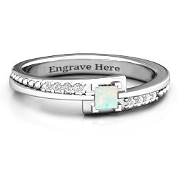 Princess Cut Ring with Accents in 925 Sterling Silver with Opal and White Premium Zirconia