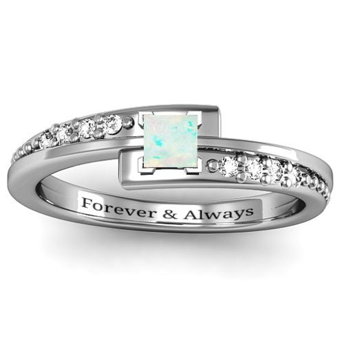 Princess Cut Ring with Accents – Sterling Silver with Opal and White Premium Zirconia