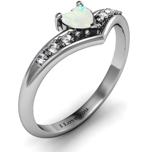V-Accented Heart Ring – Sterling Silver with Opal and Cubic Zirconia