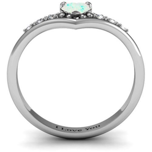V-Accented Heart Ring – Sterling Silver with Opal and Cubic Zirconia