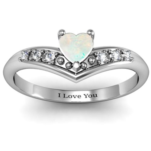 V-Accented Heart Ring – Sterling Silver with Opal and Cubic Zirconia