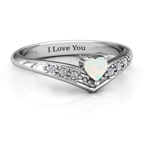 V-Accented Heart Ring – Sterling Silver with Opal and Cubic Zirconia