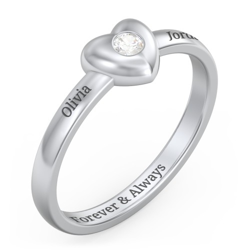 Solid Heart with Gemstone Ring – Sterling Silver with Cubic Zirconia