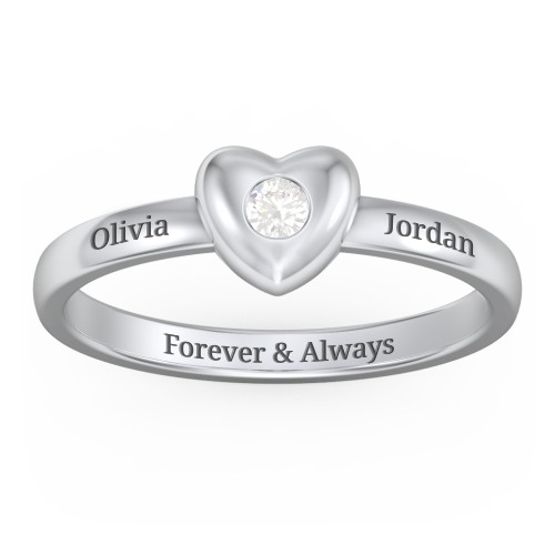 Solid Heart with Gemstone Ring – Sterling Silver with Cubic Zirconia