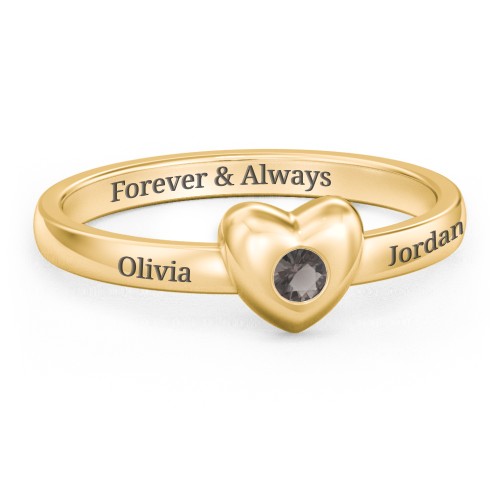 Solid Heart with Gemstone Ring – 18K Gold Plated Silver with Smokey Quartz