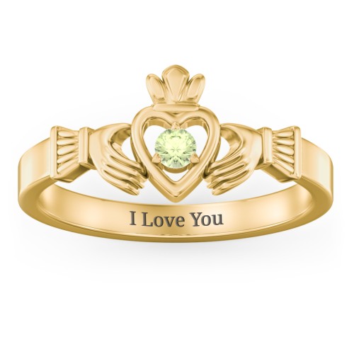 Round Stone Claddagh Ring – 18K Gold Plated Silver with Peridot