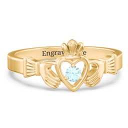 Round Stone Claddagh Ring in 18K Gold Plated Silver with Blue Topaz