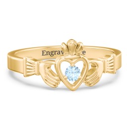 Round Stone Claddagh Ring in 18K Gold Plated Silver with Blue Topaz