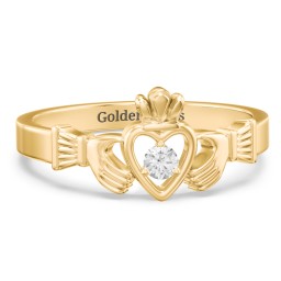 Round Stone Claddagh Ring in 18K Gold Plated Silver with Cubic Zirconia