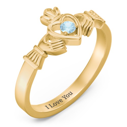Round Stone Claddagh Ring – 18K Gold Plated Silver with Blue Topaz