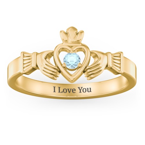 Round Stone Claddagh Ring – 18K Gold Plated Silver with Blue Topaz