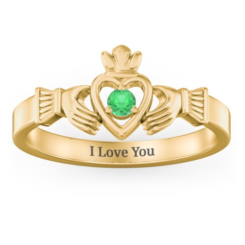 Round Stone Claddagh Ring – 18K Gold Plated Silver with Emerald
