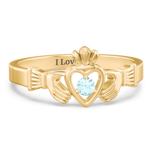 Round Stone Claddagh Ring – 18K Gold Plated Silver with Blue Topaz