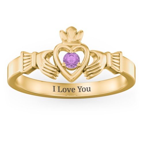 Round Stone Claddagh Ring – 9kt Yellow Gold with Amethyst