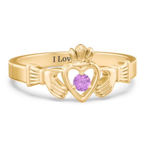 Round Stone Claddagh Ring – 9kt Yellow Gold with Amethyst