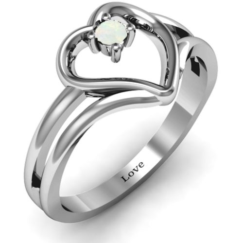 Split Shank Heart Ring – Sterling Silver with Opal