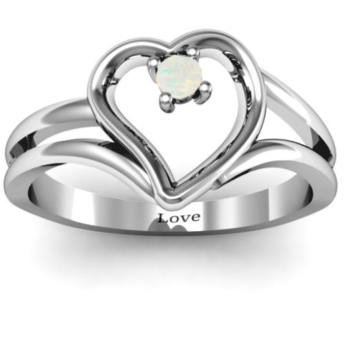 Split Shank Heart Ring – Sterling Silver with Opal
