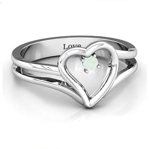 Split Shank Heart Ring – Sterling Silver with Opal