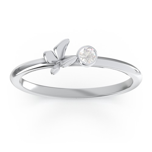 Stacking Butterfly Ring with Bezeled Gemstone – Sterling Silver with Cubic Zirconia