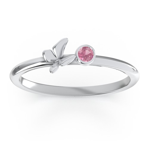 Stacking Butterfly Ring with Bezeled Gemstone – Sterling Silver with Pink Tourmaline