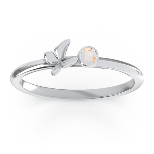 Stacking Butterfly Ring with Bezeled Gemstone – Sterling Silver with Opal