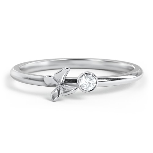 Stacking Butterfly Ring with Bezeled Gemstone – Sterling Silver with Aquamarine