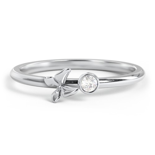Stacking Butterfly Ring with Bezeled Gemstone – Sterling Silver with Cubic Zirconia