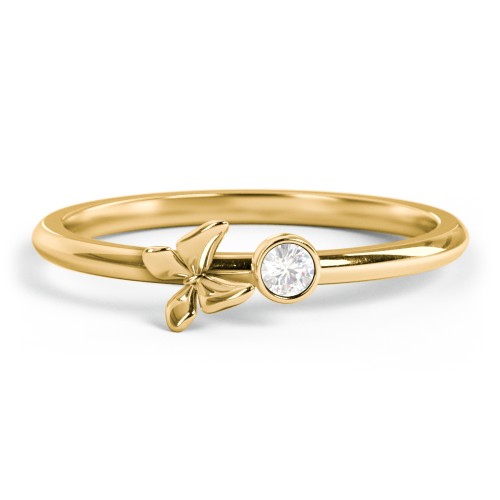 Stacking Butterfly Ring with Bezeled Gemstone – 9kt Yellow Gold with Cubic Zirconia