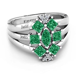 Arachna Centre Marquise and Princess Ring with Accents in 925 Sterling Silver with Emerald
