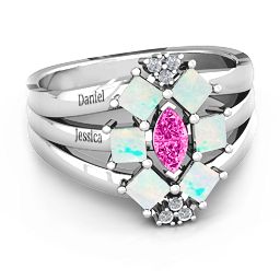 Arachna Centre Marquise and Princess Ring with Accents in 925 Sterling Silver with Pink Tourmaline and Opal