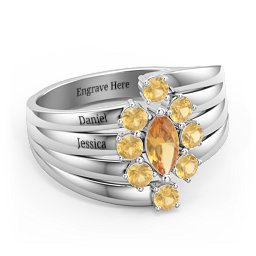 Multi Row Ring with Marquise and Round Cut Gemstones in 925 Sterling Silver with Citrine