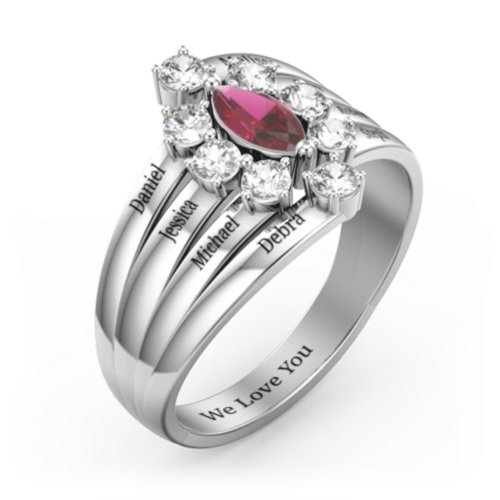 Multi Row Ring with Marquise and Round Cut Gemstones – Sterling Silver with Ruby and Cubic Zirconia
