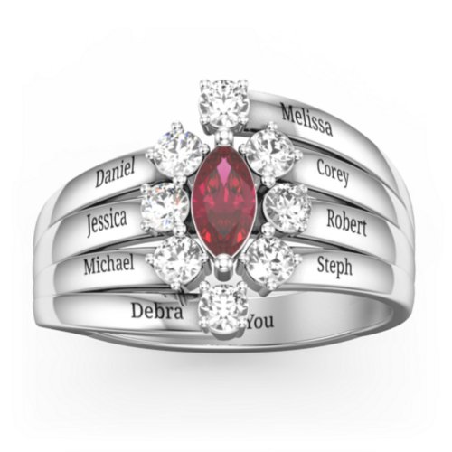 Multi Row Ring with Marquise and Round Cut Gemstones – Sterling Silver with Ruby and Cubic Zirconia