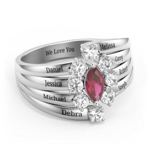 Multi Row Ring with Marquise and Round Cut Gemstones – Sterling Silver with Ruby and Cubic Zirconia