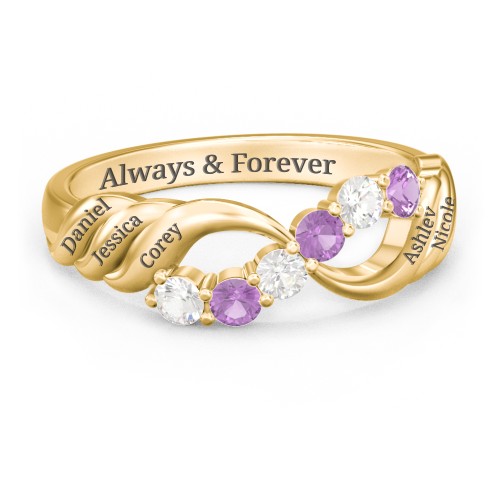 Engravable Infinity Wave Ring with Gemstones – 9kt Yellow Gold with Cubic Zirconia and Amethyst