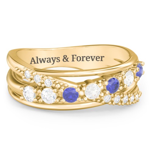 7 Stone Crossover Ring with Accents – 9kt Yellow Gold with Diamond, Blue Sapphire, Cubic Zirconia, and White Premium Zirconia