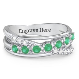 7 Stone Crossover Ring with Accents in 925 Sterling Silver with Emerald and Diamond