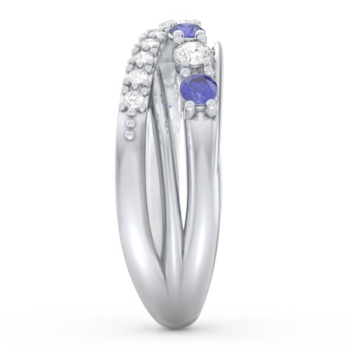 7 Stone Crossover Ring with Accents – Sterling Silver with Blue Sapphire, Cubic Zirconia, and White Premium Zirconia