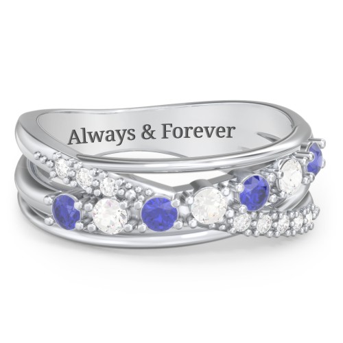 7 Stone Crossover Ring with Accents – Sterling Silver with Blue Sapphire, Cubic Zirconia, and White Premium Zirconia