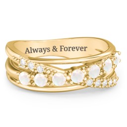 7 Stone Crossover Ring with Accents in 9K Solid Yellow Gold with Opal and White Premium Zirconia