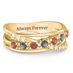 7 Stone Crossover Ring with Accents in 9K Solid Yellow Gold with Garnet, Smokey Quartz, and White Premium Zirconia
