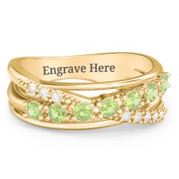 7 Stone Crossover Ring with Accents in 9K Solid Yellow Gold with Peridot and White Premium Zirconia