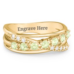 7 Stone Crossover Ring with Accents in 9K Solid Yellow Gold with Peridot and White Premium Zirconia