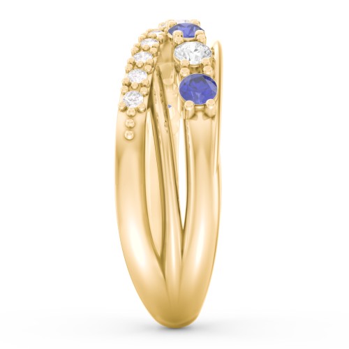 7 Stone Crossover Ring with Accents – 9kt Yellow Gold with Blue Sapphire, Cubic Zirconia, and White Premium Zirconia